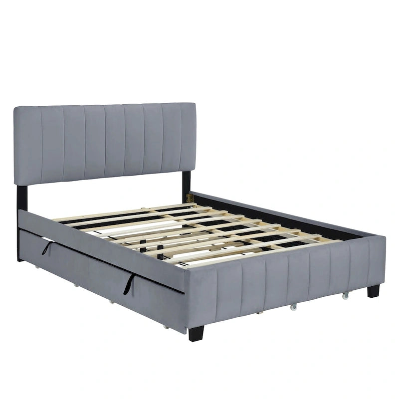 Queen Size Velvet Platform Bed with 1 Twin XL Trundle Upholstered Bed Frame and 2 Drawers Storage Bed No Box Spring Needed