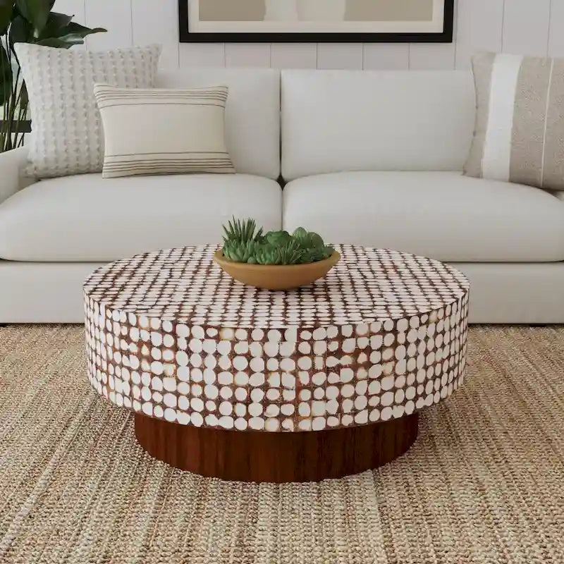 Mila Coconut Shell Round Pedestal Coffee Table by East at Main