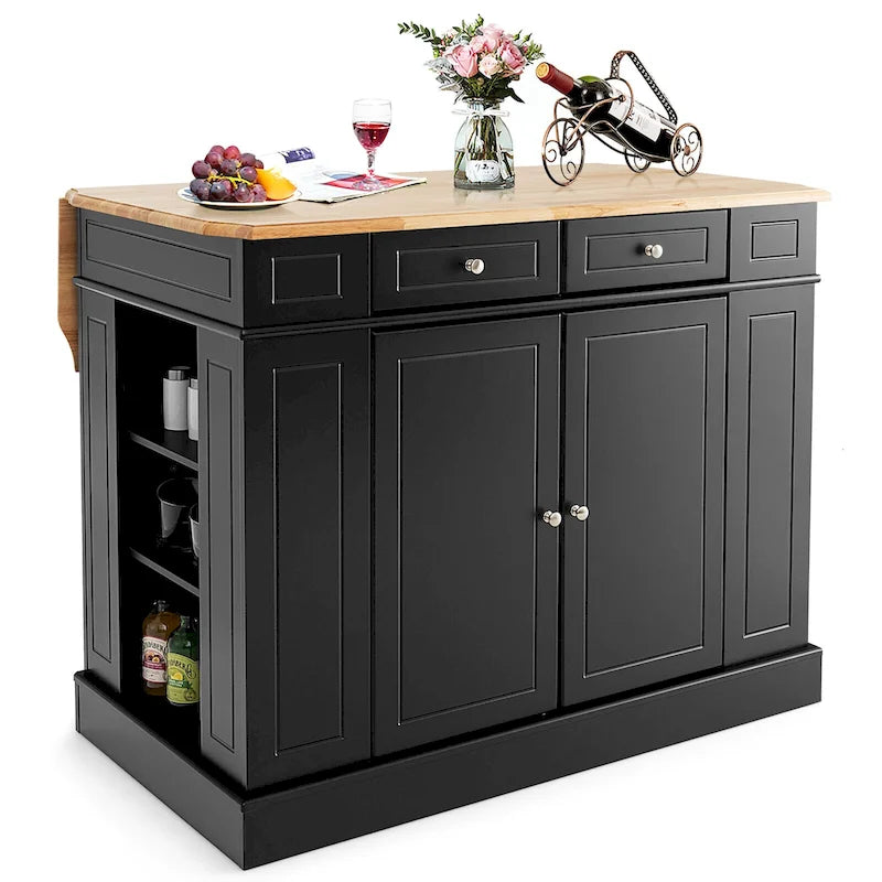 Large Kitchen Island Drop Leaf Breakfast Bar w/ Wood Top Shelves