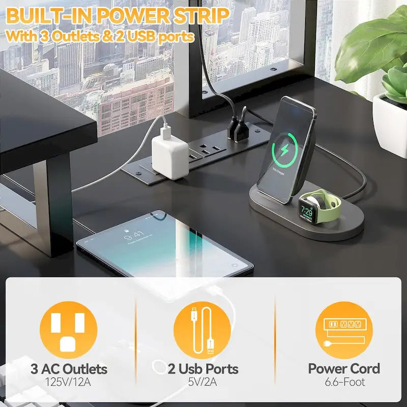 Farmhouse L-shaped Desk with Power Outlet, Gaming Table with Hutch and LED Light