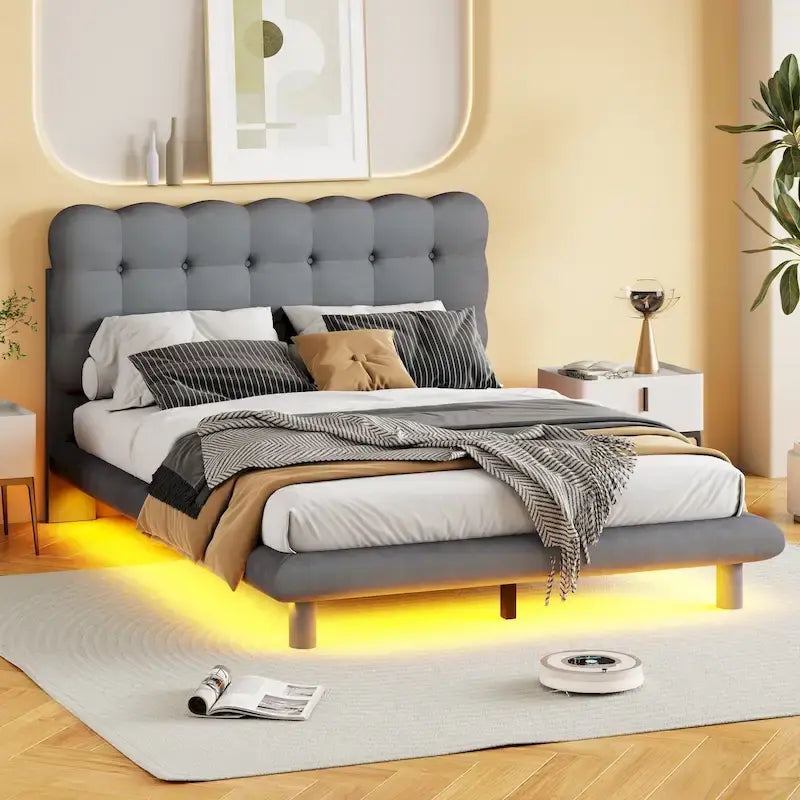 Velvet Upholstered Platform Bed Frame with LED Light & Biscuit Headboard