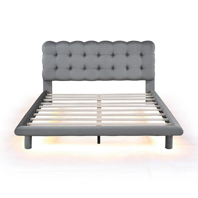 Velvet Upholstered Platform Bed Frame with LED Light & Biscuit Headboard