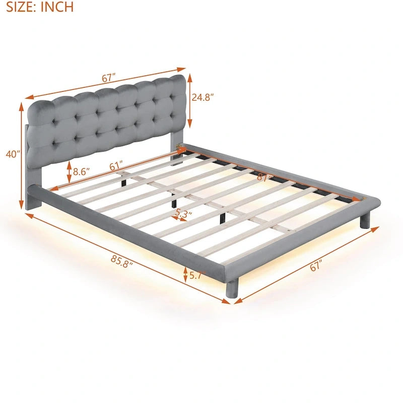 Velvet Upholstered Platform Bed Frame with LED Light & Biscuit Headboard