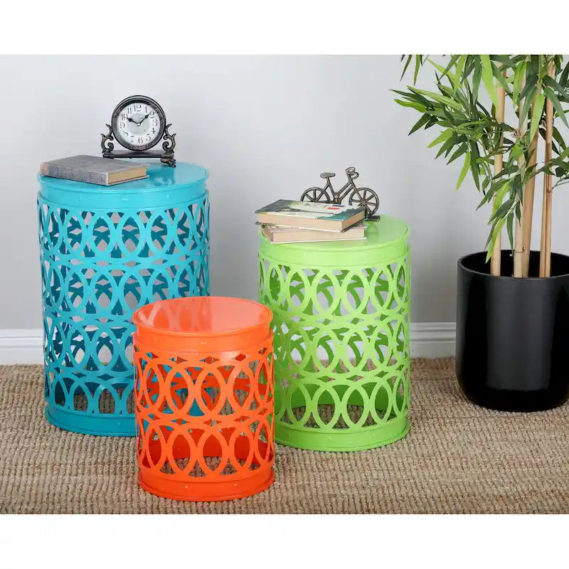 Multi Colored Metal Indoor Outdoor Nesting Accent Table with Carved Design Collection (Set of 3) - S/3 23, 19, 15H