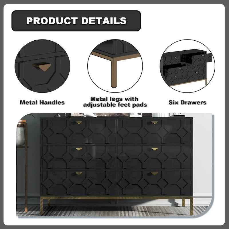 Clihome Wooden Storage 6 Drawer Double Dresser for Bedroom