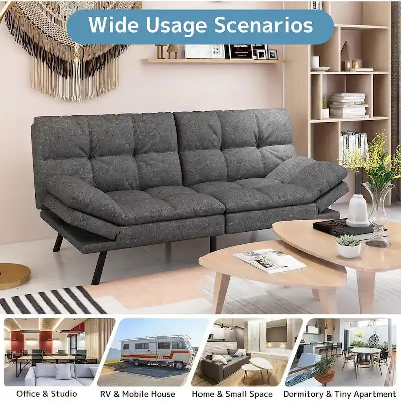 Modern Linen Futon with Memory Foam and Adjustable Armrests