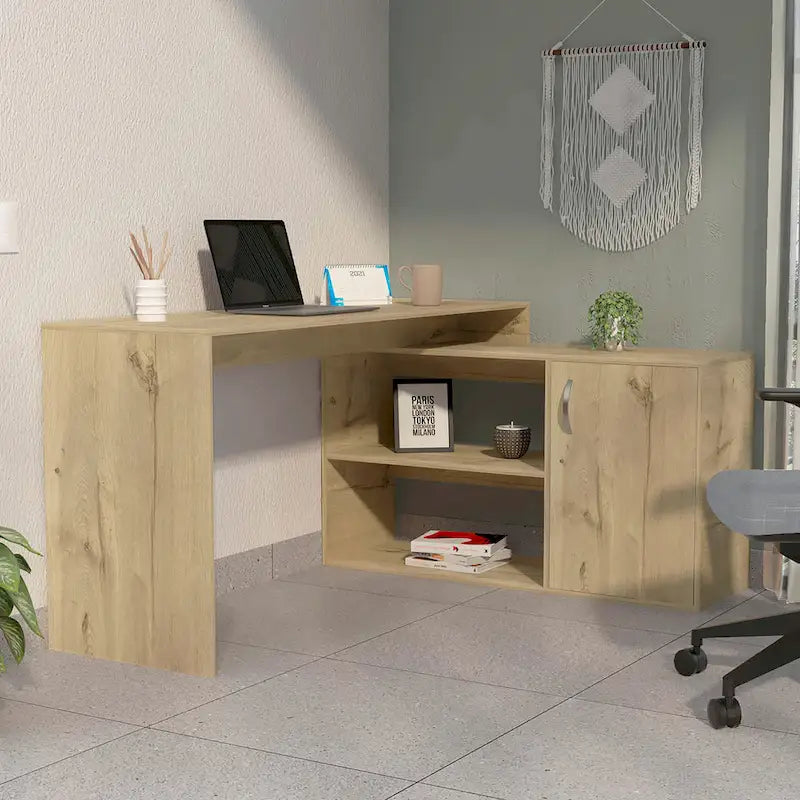FM Furniture Dallas L-Shaped Home Office Desk, Two Shelves, Single Door Cabinet