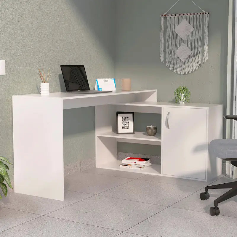 FM Furniture Dallas L-Shaped Home Office Desk, Two Shelves, Single Door Cabinet