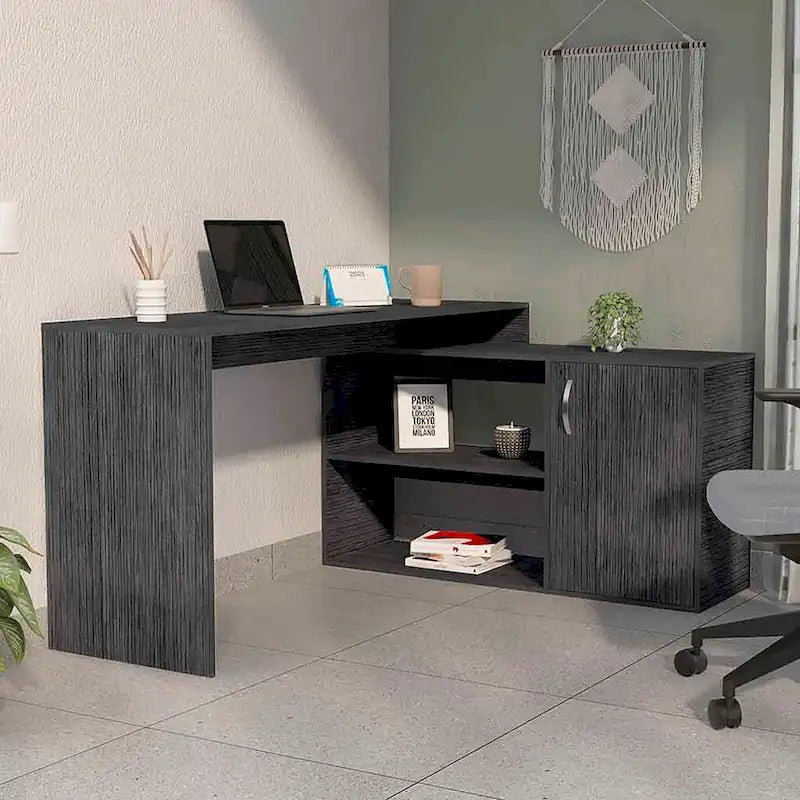 FM Furniture Dallas L-Shaped Home Office Desk, Two Shelves, Single Door Cabinet