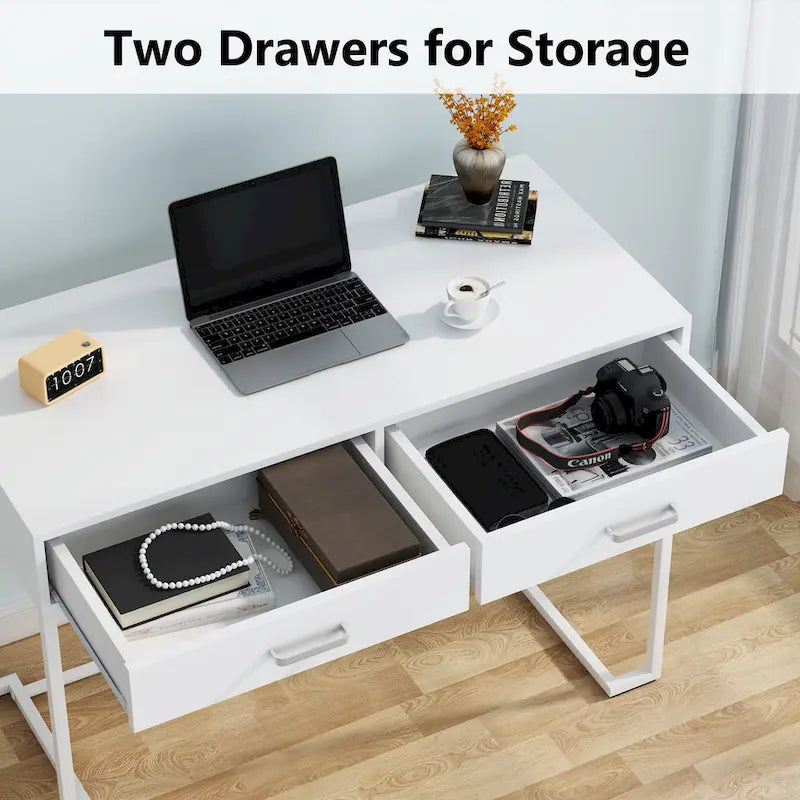 40 Inches Computer Desk White and Gold Desk with 2 Drawers