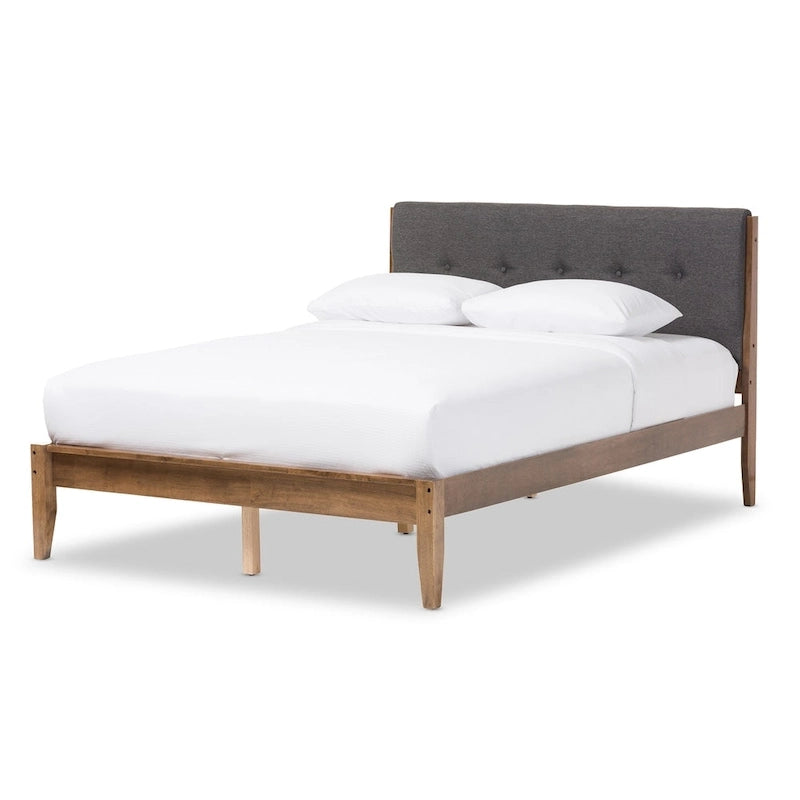 Mid-Century Fabric and Wood Platform Bed by