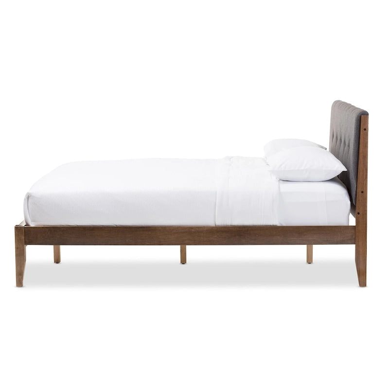 Mid-Century Fabric and Wood Platform Bed by
