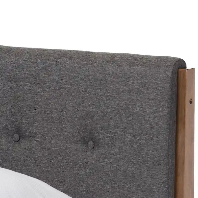 Mid-Century Fabric and Wood Platform Bed by