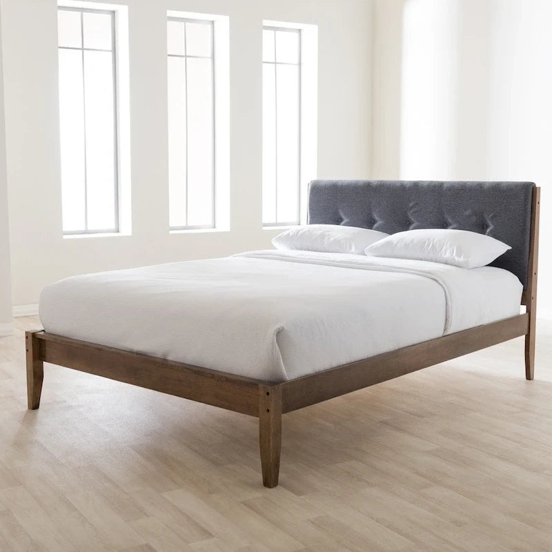 Mid-Century Fabric and Wood Platform Bed by