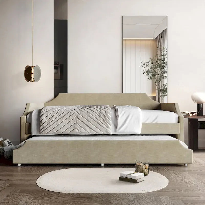 CraftPorch Elegance Linen Upholstered Twin Size Daybed with Trundle