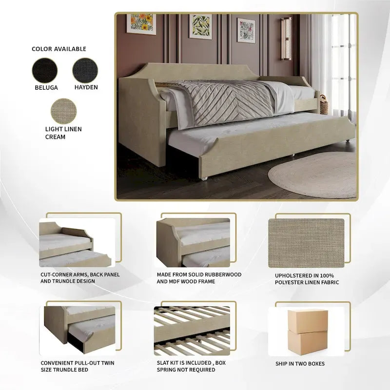Elegance Linen Upholstered Twin Size Daybed with Trundle