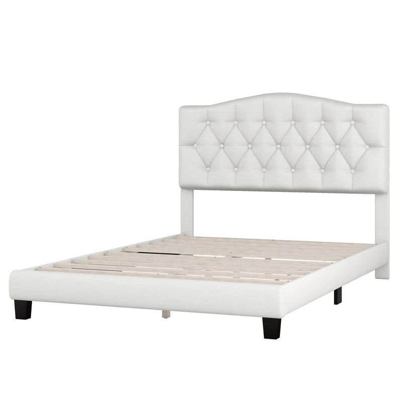 Full Size Linen Upholstered Platform Bed with Saddle Curved Headboard and Diamond Tufted Details,Beige