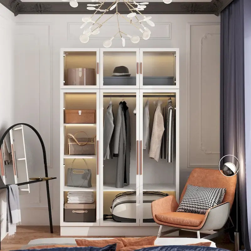 Glass Door Wardrobe Armoire Storage Closet with Light Display Cabinet