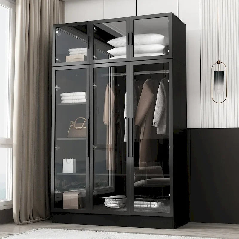 Glass Door Wardrobe Armoire Storage Closet with Light Display Cabinet