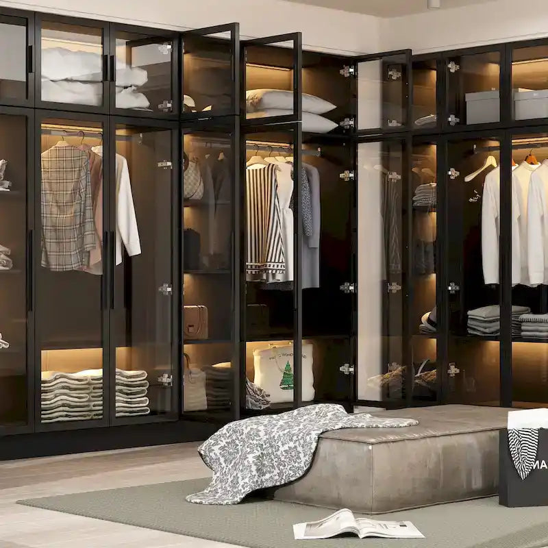 Glass Door Wardrobe Armoire Storage Closet with Light Display Cabinet