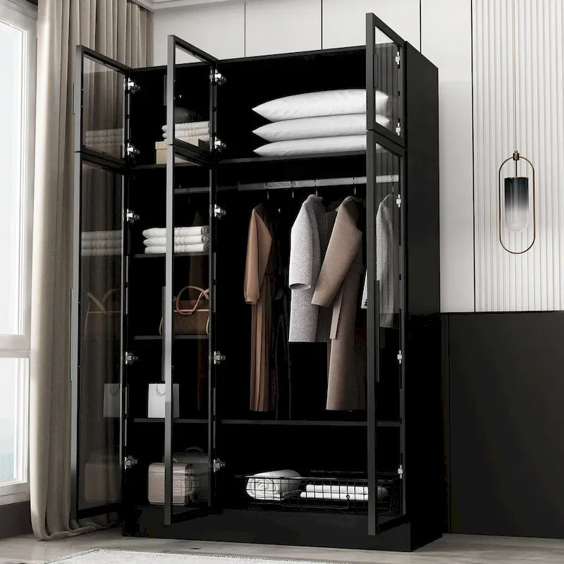 Glass Door Wardrobe Armoire Storage Closet with Light Display Cabinet