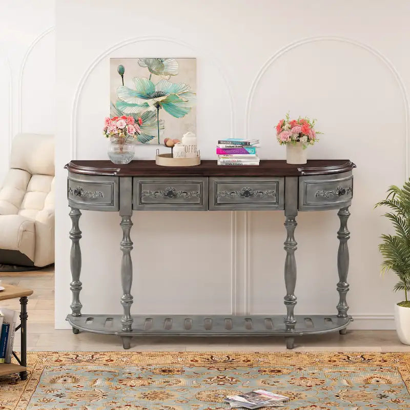 52 Modern and Contemporary Curved Console Table Sofa Table Entryway Table for Hallway Living Room with 4 Drawers and 1 Shelf