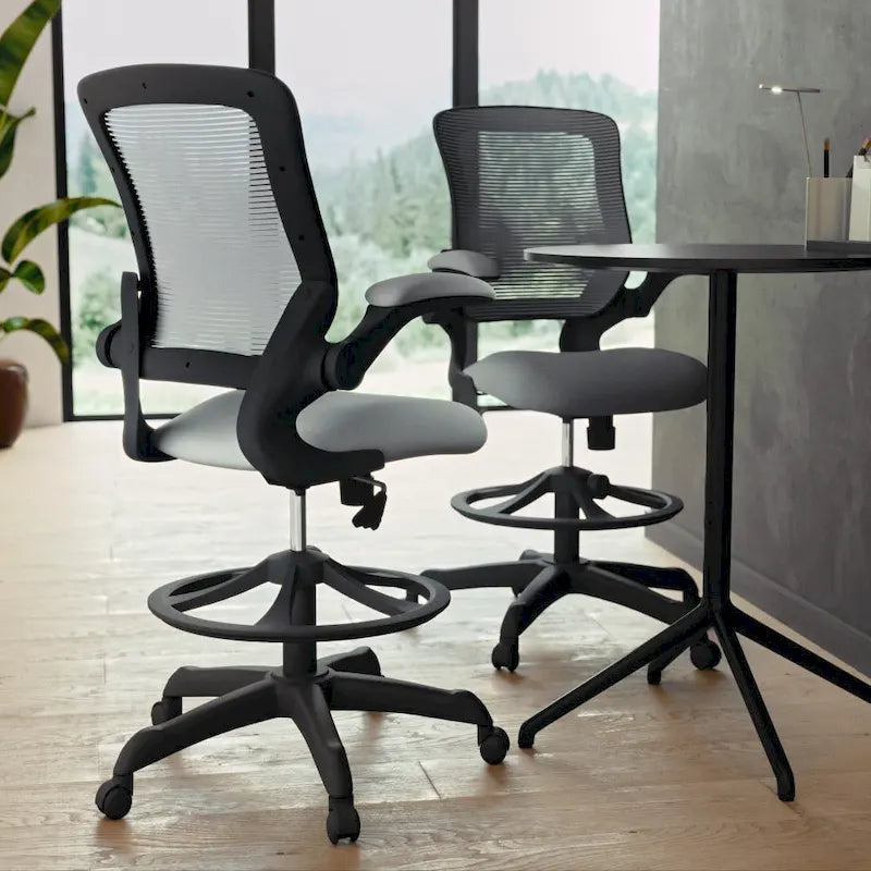 Mid-Back Mesh Ergonomic Drafting Chair with Foot Ring and Flip-Up Arms