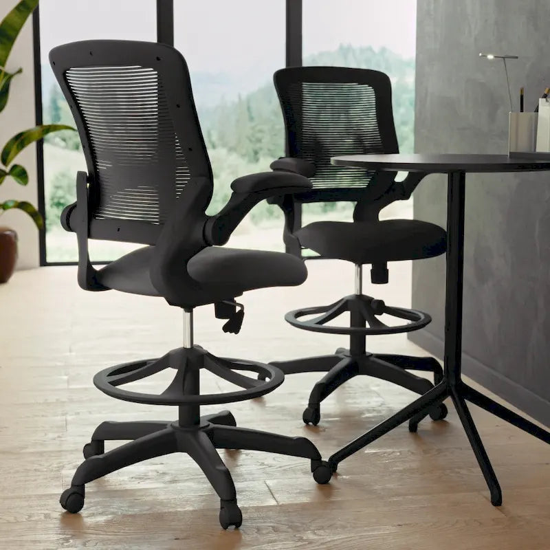 Mid-Back Mesh Ergonomic Drafting Chair with Foot Ring and Flip-Up Arms