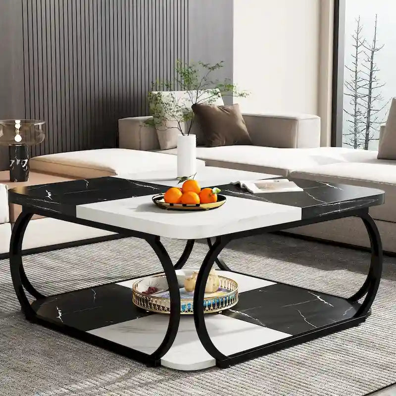 39 Inche 2-Tier Square Coffee Table with Metal Frame for Living Room