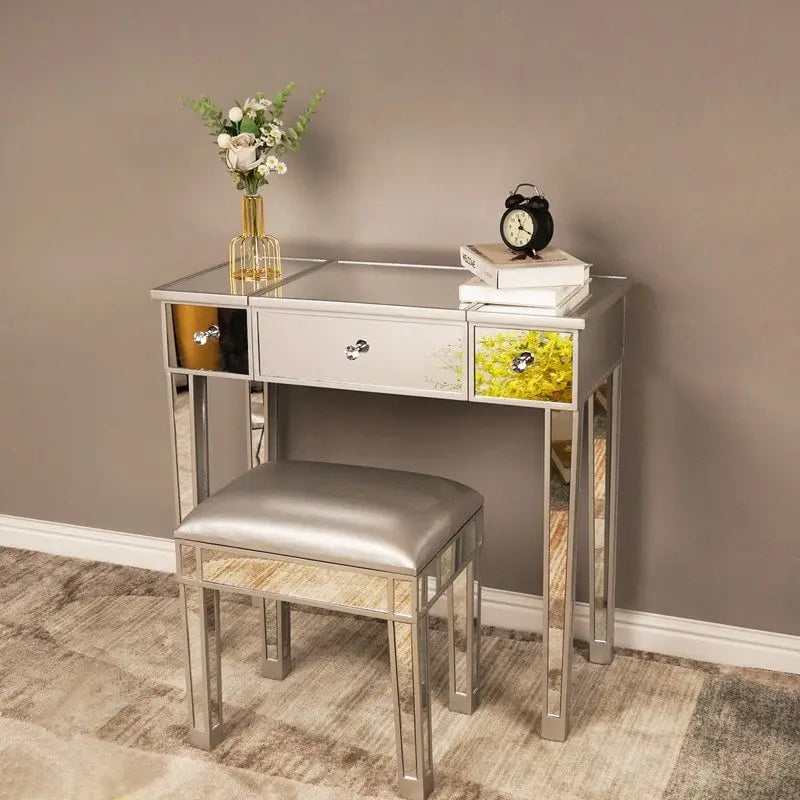 Mirrored Surface 1 Drawer Flip-up Desktop Writing Desk Vanity Desk Silver