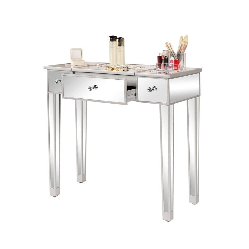 Mirrored Surface 1 Drawer Flip-up Desktop Writing Desk Vanity Desk Silver