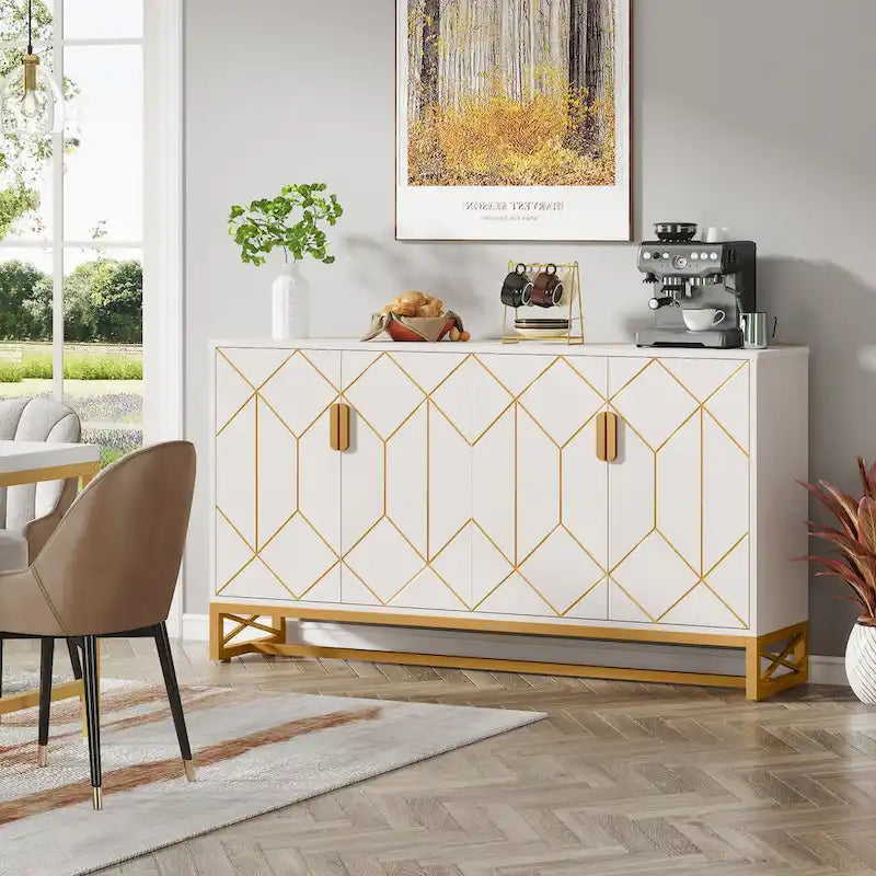 White Gold Buffet Cabinet with Storage Kitchen Sideboard Storage