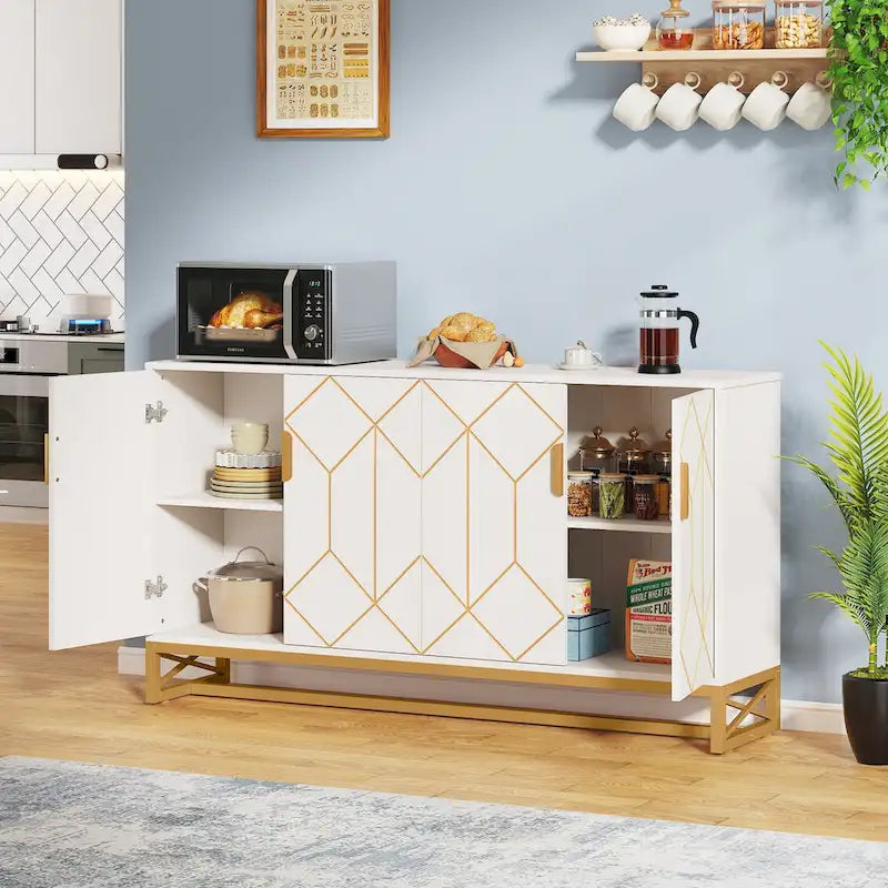 White Gold Buffet Cabinet with Storage Kitchen Sideboard Storage