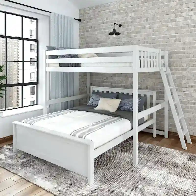 L-Shaped Full over Queen Solid Wood Bunk Bed with Ladder on End