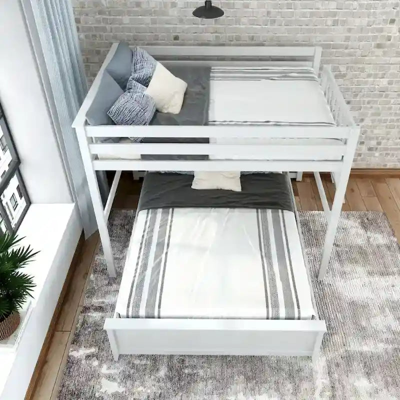 L-Shaped Full over Queen Solid Wood Bunk Bed with Ladder on End