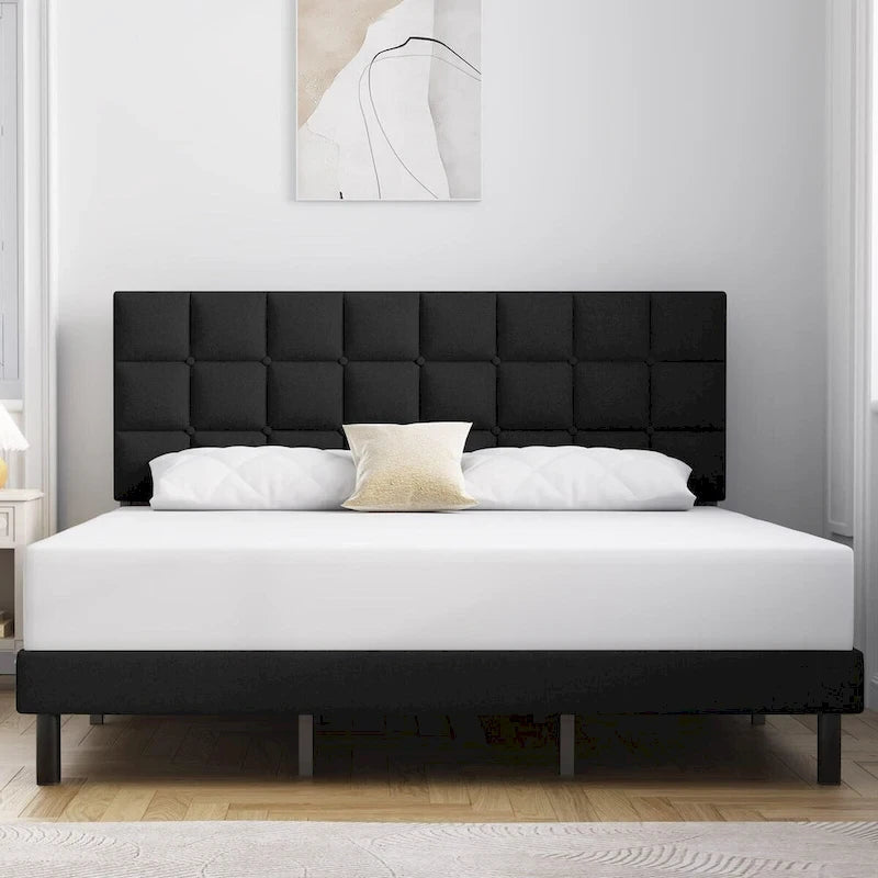 Bed Frame with Upholstered Headboard, Gray Metal Frame Wooden Slats Support.