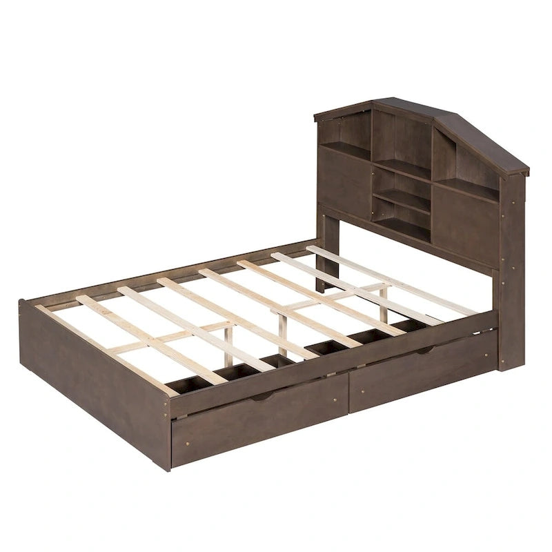 Wood Platform Bed with House-shaped Storage Headboard and 2 Drawer