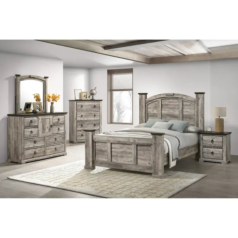 Aimon 5 Piece Gray Rustic Panel Bedroom Set