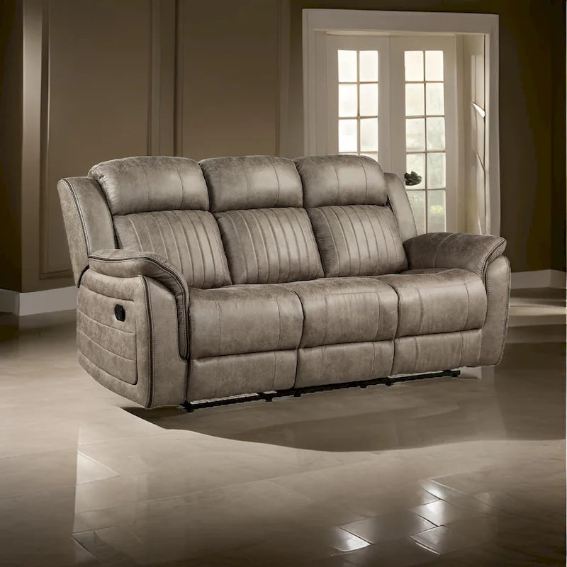  84 Inch Double Manual Recliner Sofa, Sandy Brown Polished Microfiber