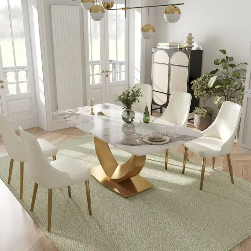 Modern Rectangle Marble Dining Table for 6-8, Marble Kitchen Dinner Table with Gold Finish Metal Base
