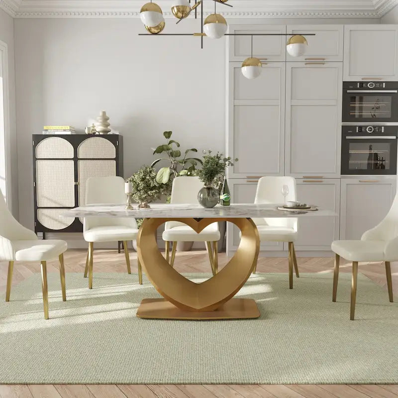Modern Rectangle Marble Dining Table for 6-8, Marble Kitchen Dinner Table with Gold Finish Metal Base