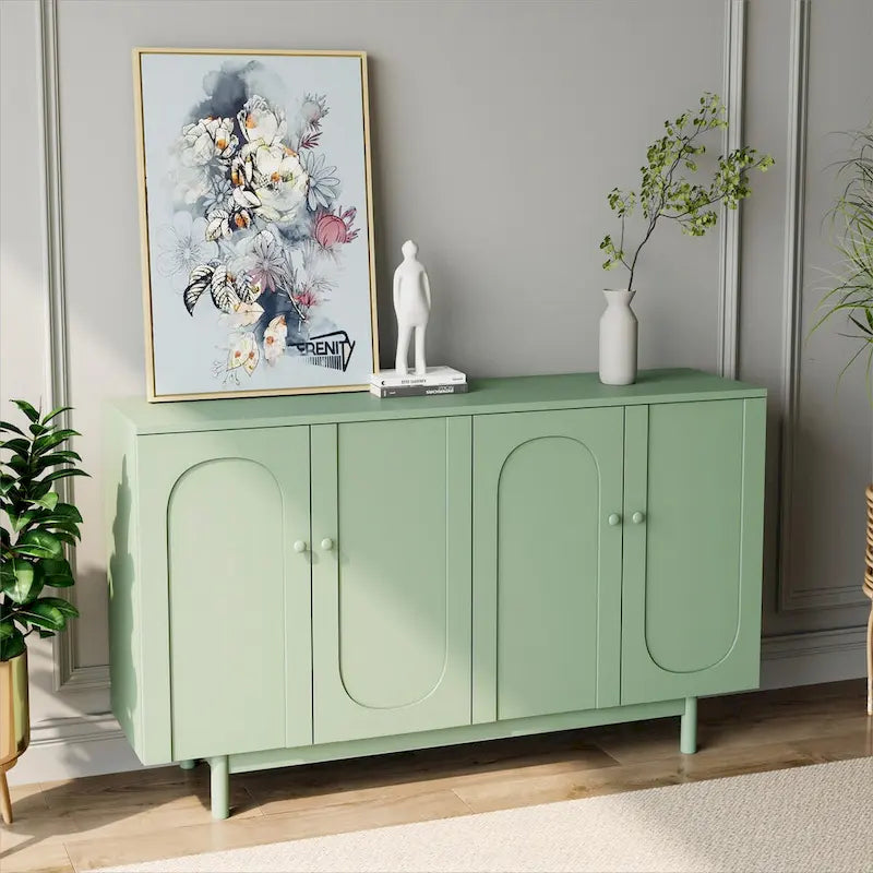 Stylish and Functional 4-Door Intaglio Storage Cabinet with Pine Legs, Solid Wood Pulls and MDF, for Living Room