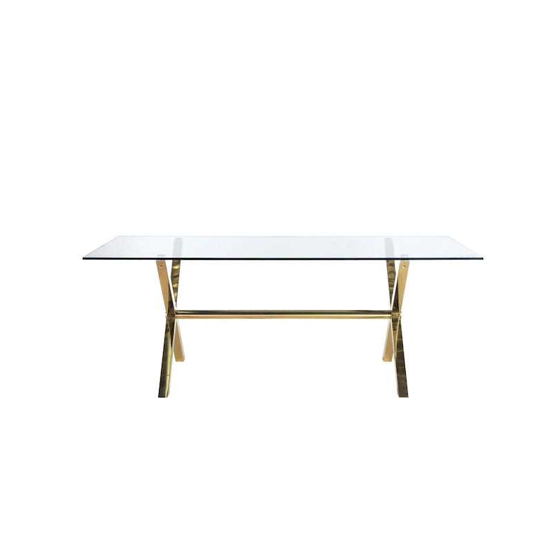 Tia 79 Inch Dining Table, Rectangular Tempered Glass Top, Gold, Clear