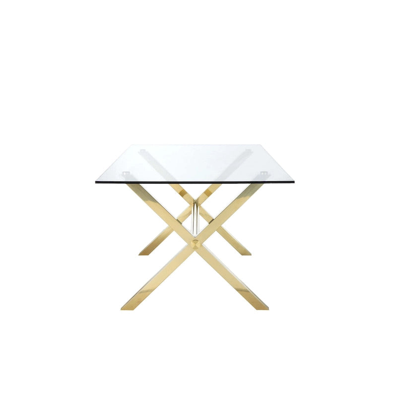 Tia 79 Inch Dining Table, Rectangular Tempered Glass Top, Gold, Clear
