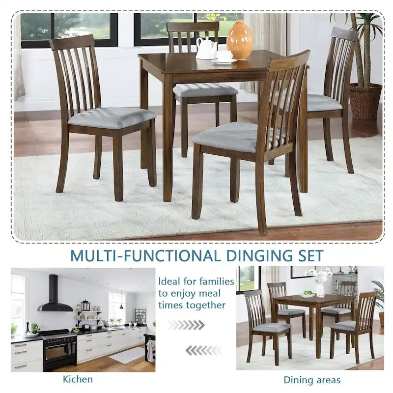 5 Piece Modern Dining Set, Square Wooden Dining Table with 4 Upholstered Chairs for Kitchen, Dining Room
