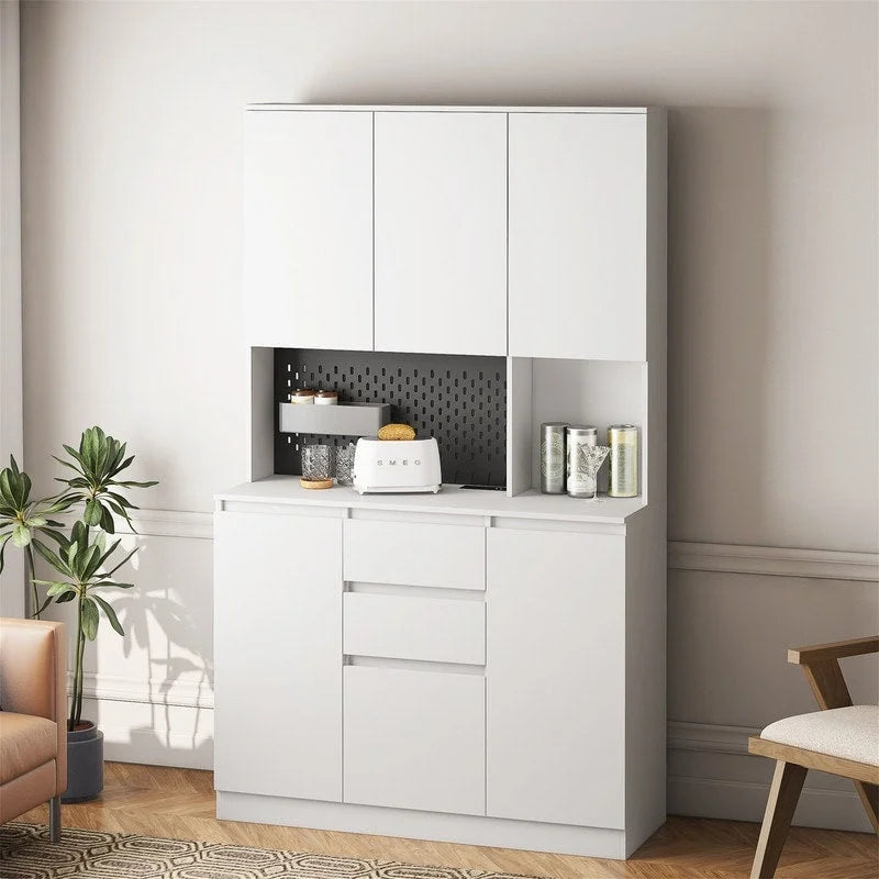 Kitchen Pantry Cabinet with Microwave Stand and 2 Drawers, Freestanding Buffet Cupboards Sideboard with Charging Station