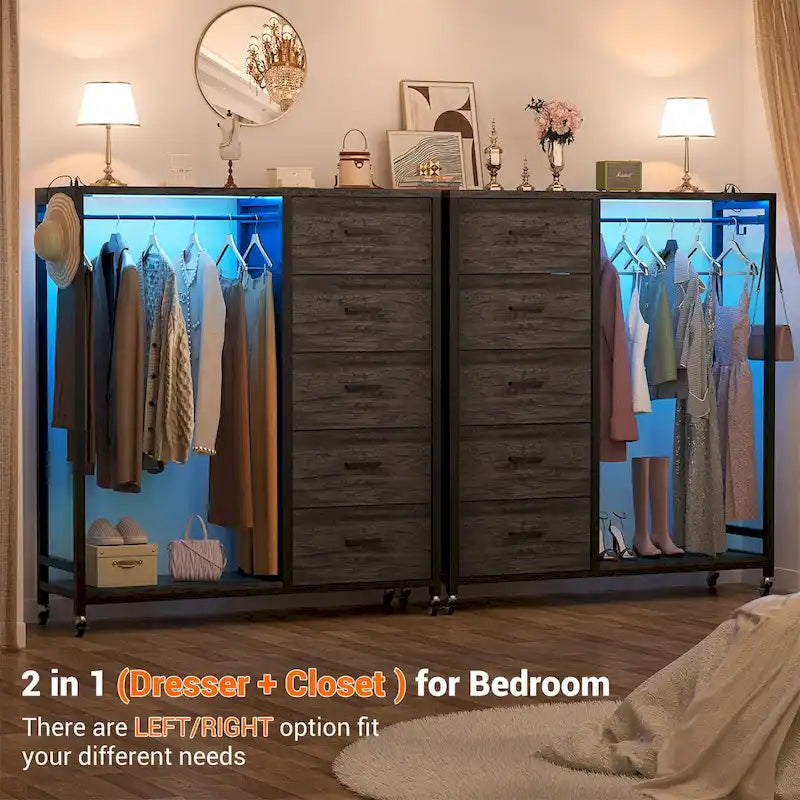 Rollway Dresser with Charge Station and LED Light,Chest With Drawers for Kids Room