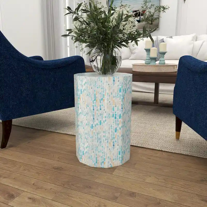 Mother of Pearl Shell Handmade Mosaic Inlay Drum Side End Accent Table - Blue - Roche River Decor