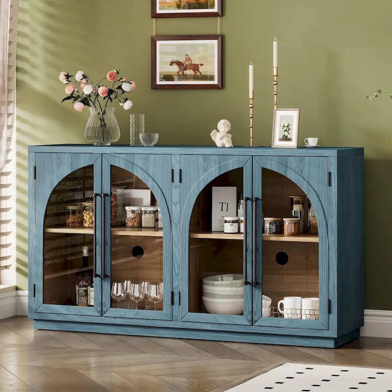 60 Farmhouse 4-Door Large Storage Vintage Sideboard with Metal Handles and Adjustable Shelves