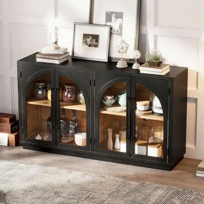 60 Farmhouse 4-Door Large Storage Vintage Sideboard with Metal Handles and Adjustable Shelves
